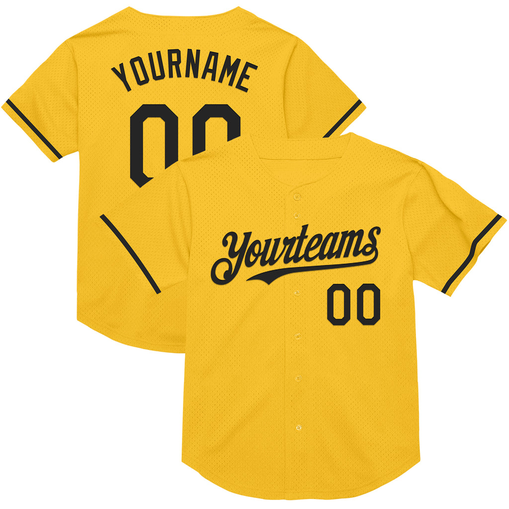 Custom Gold Black Mesh Authentic Throwback Baseball Jersey