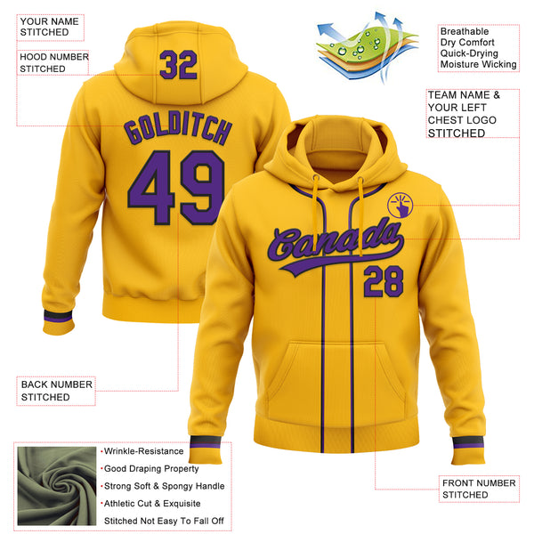 Custom Stitched Gold Purple-Black Baseball Pullover Sweatshirt Hoodie