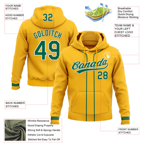 Custom Stitched Gold Kelly Green-White Baseball Pullover Sweatshirt Hoodie