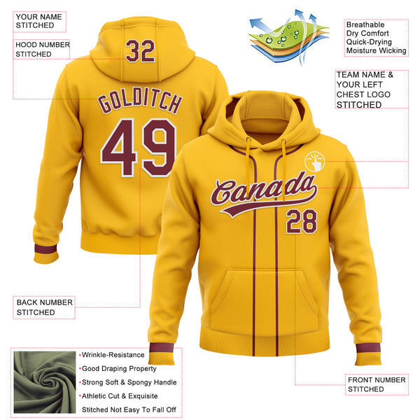 Custom Stitched Gold Burgundy-White Baseball Pullover Sweatshirt Hoodie
