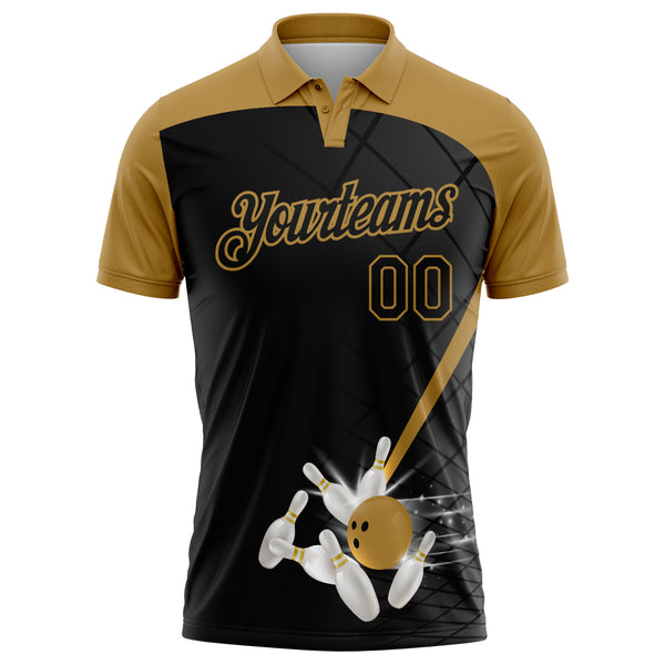 Custom Black Old Gold 3D Pattern Design Bowling Performance Golf Polo Shirt