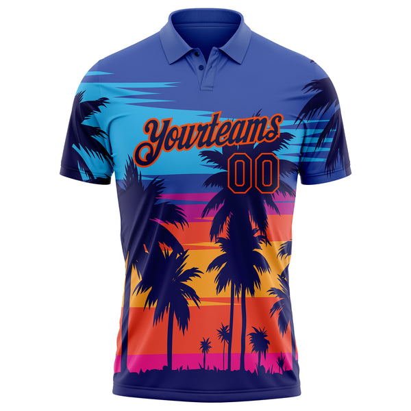 Custom Electric Blue Navy-Orange 3D Pattern Design Hawaii Palm Trees Performance Golf Polo Shirt
