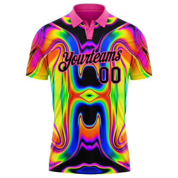 Custom Pink Black 3D Pattern Design Abstract Iridescent Psychedelic Swirl Fluid Art Performance Golf Polo Shirt