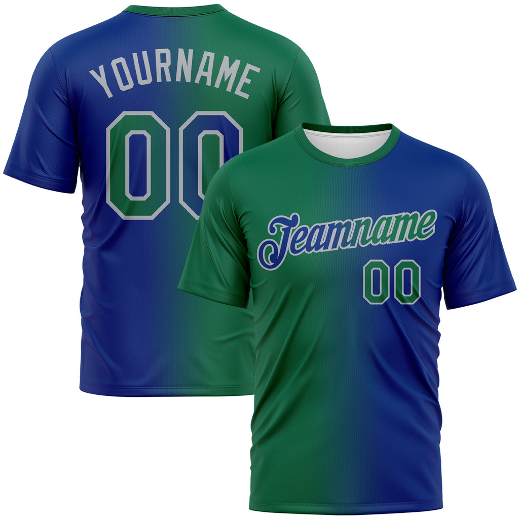 Custom Royal Kelly Green-Gray Gradient Fashion Performance T-Shirt