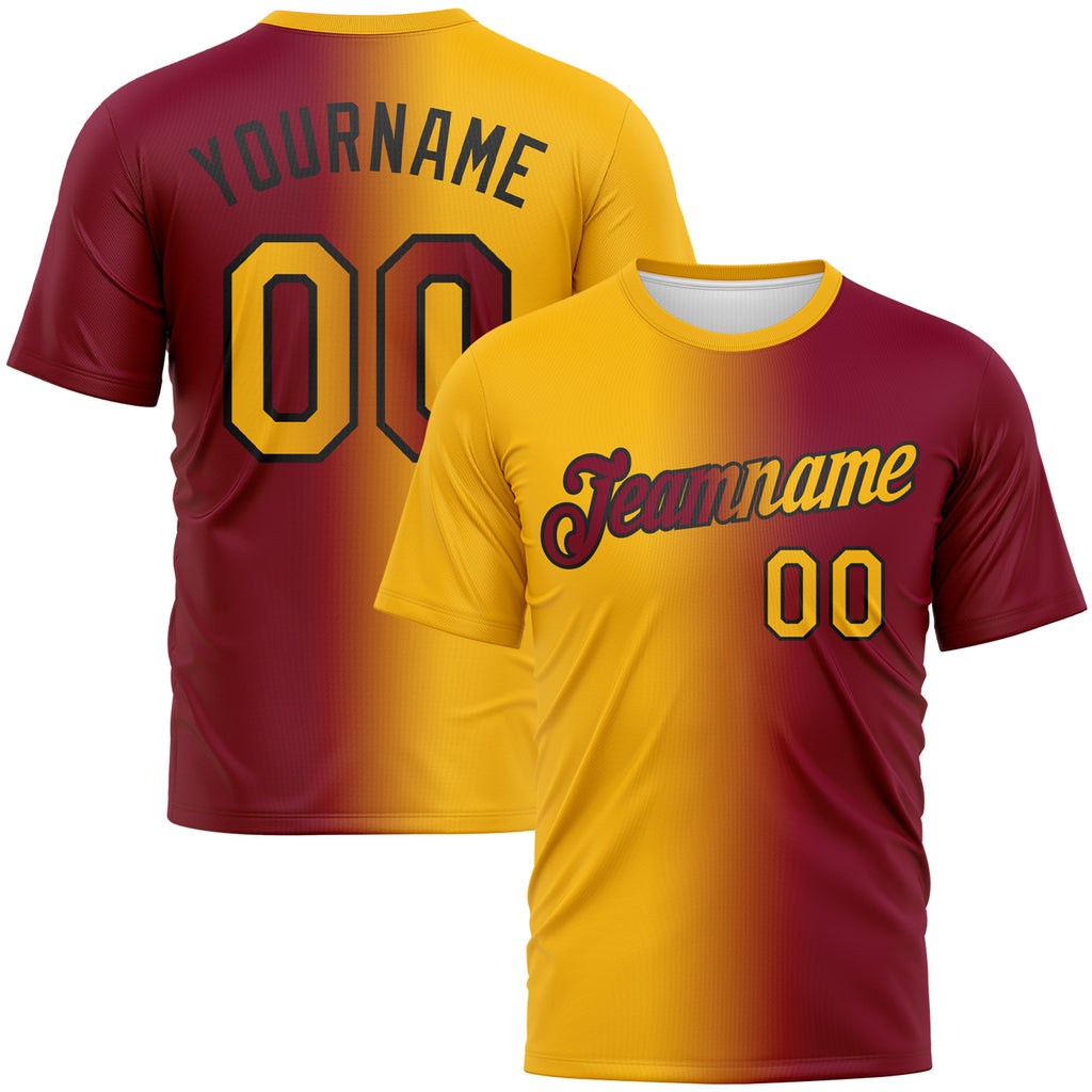 Custom Maroon Gold-Black Gradient Fashion Performance T-Shirt
