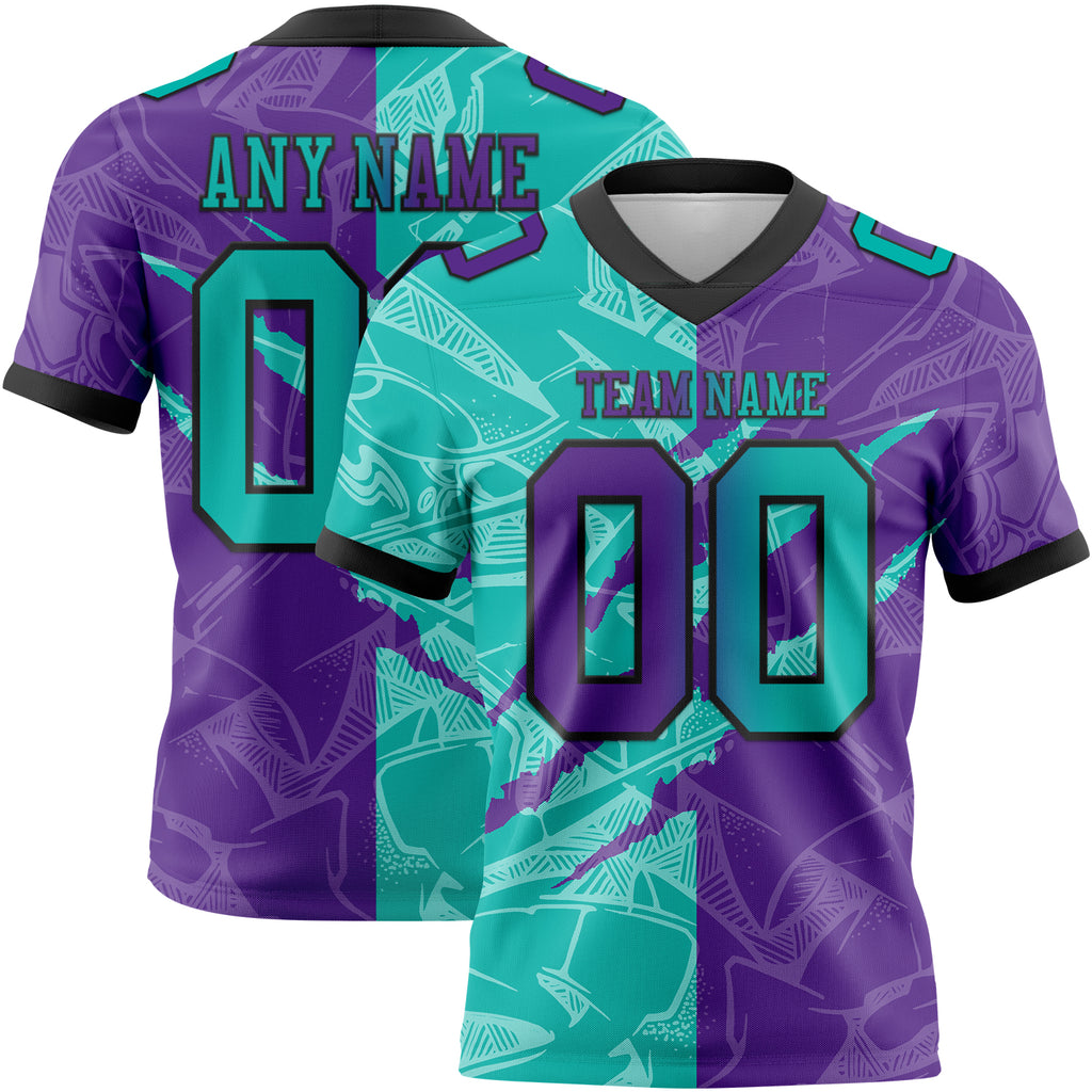 Custom Purple Aqua-Black Mesh Authentic Gradient Fashion Scratch Football Jersey