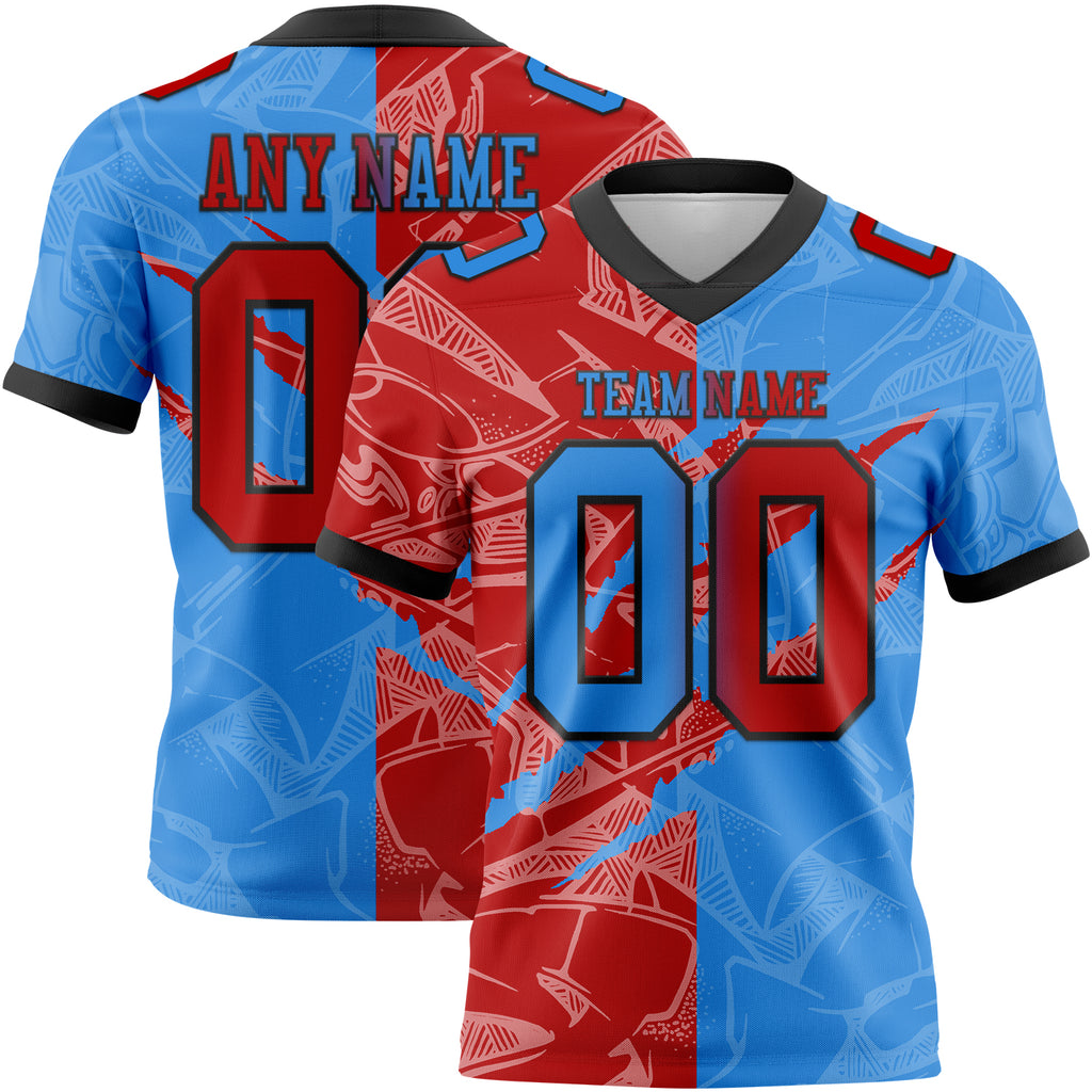 Custom Powder Blue Red-Navy Mesh Authentic Gradient Fashion Scratch Football Jersey