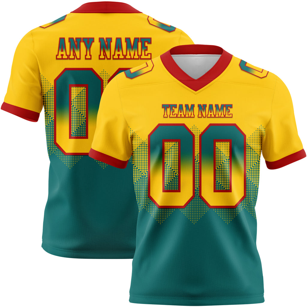 Custom Yellow Teal-Red Mesh Authentic Gradient Square Shape Flag Football Jersey