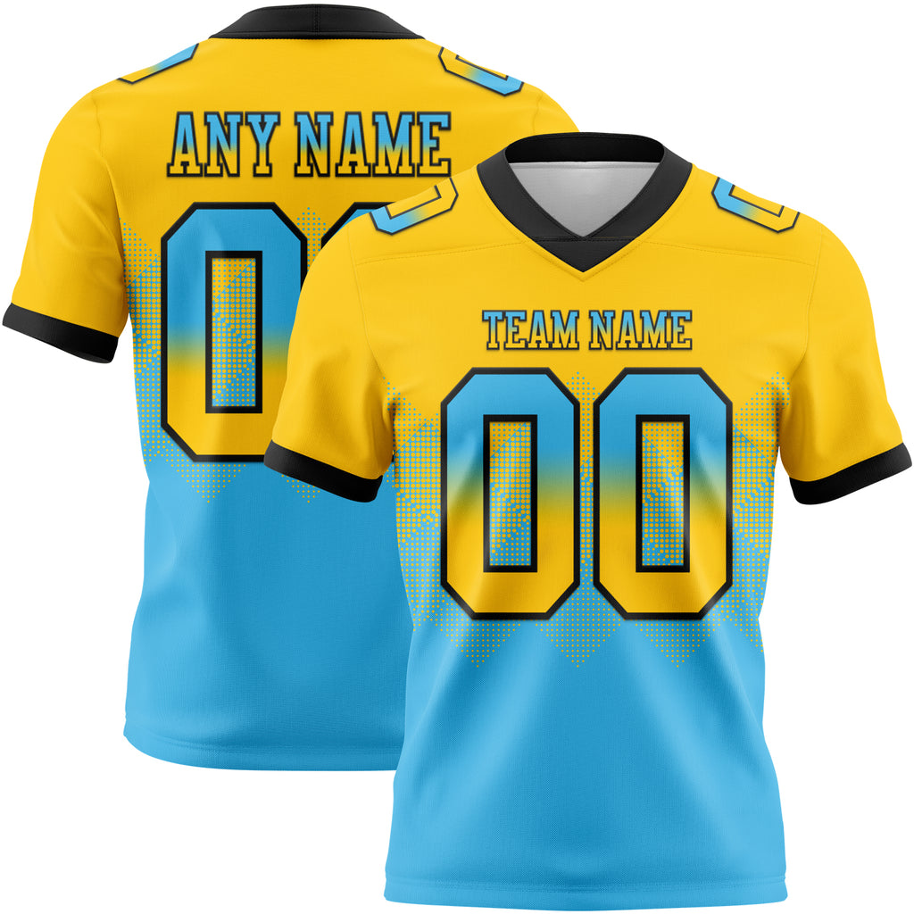 Custom Yellow Sky Blue-Black Mesh Authentic Gradient Square Shape Flag Football Jersey