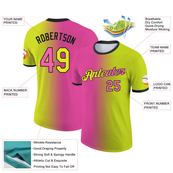 Custom Neon Yellow Pink-Black Gradient Fashion Performance T-Shirt