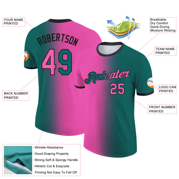 Custom Teal Pink-Black Gradient Fashion Performance T-Shirt