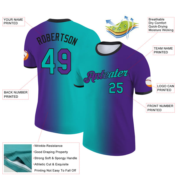 Custom Purple Aqua-Black Gradient Fashion Performance T-Shirt
