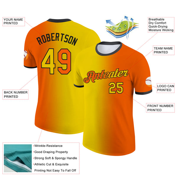 Custom Orange Yellow-Black Gradient Fashion Performance T-Shirt