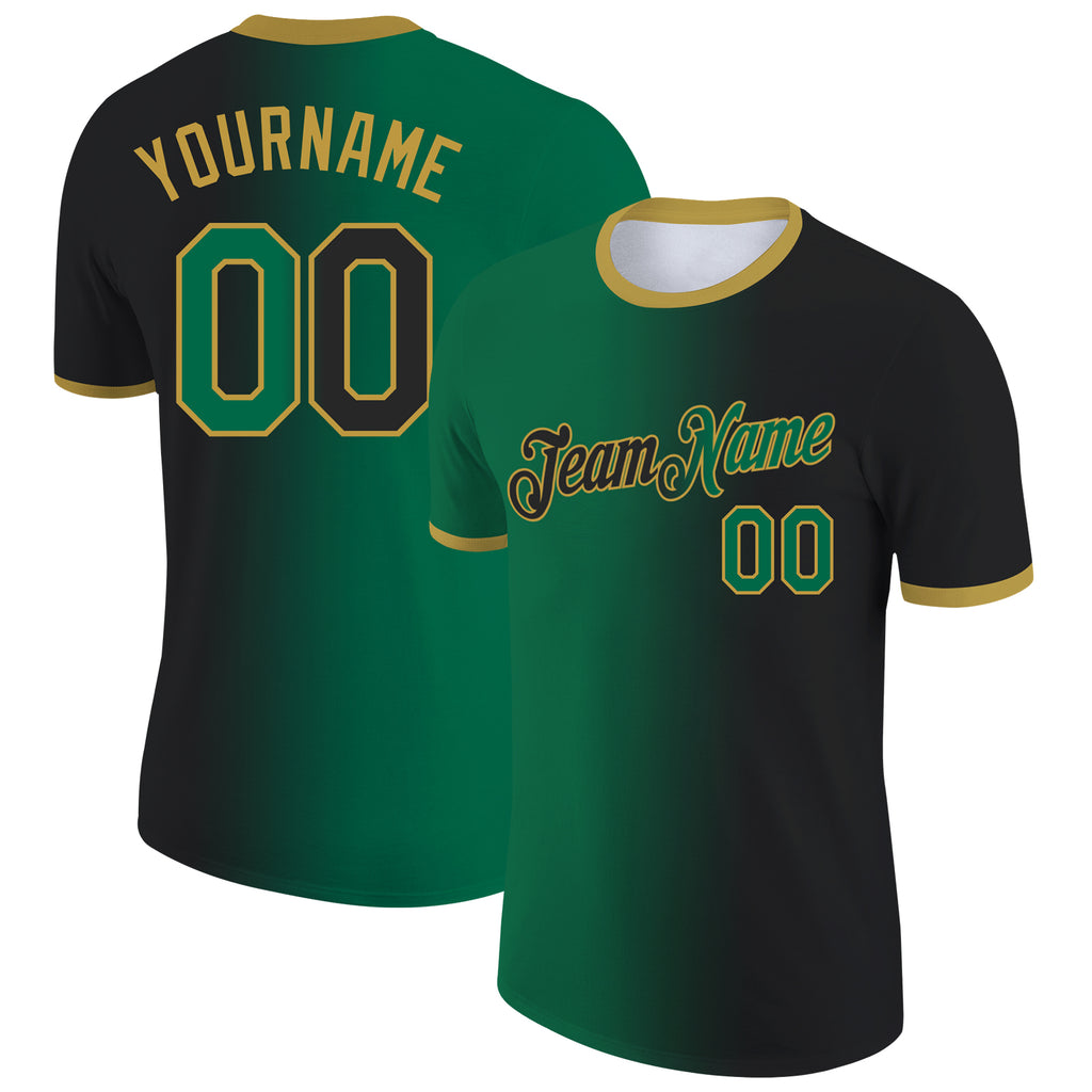 Custom Black Kelly Green-Old Gold Gradient Fashion Performance T-Shirt