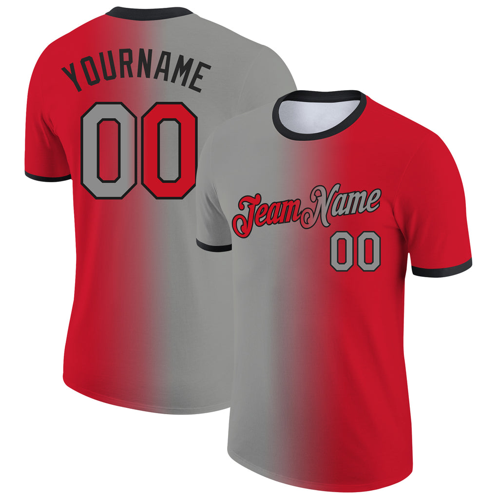 Custom Red Gray-Black Gradient Fashion Performance T-Shirt