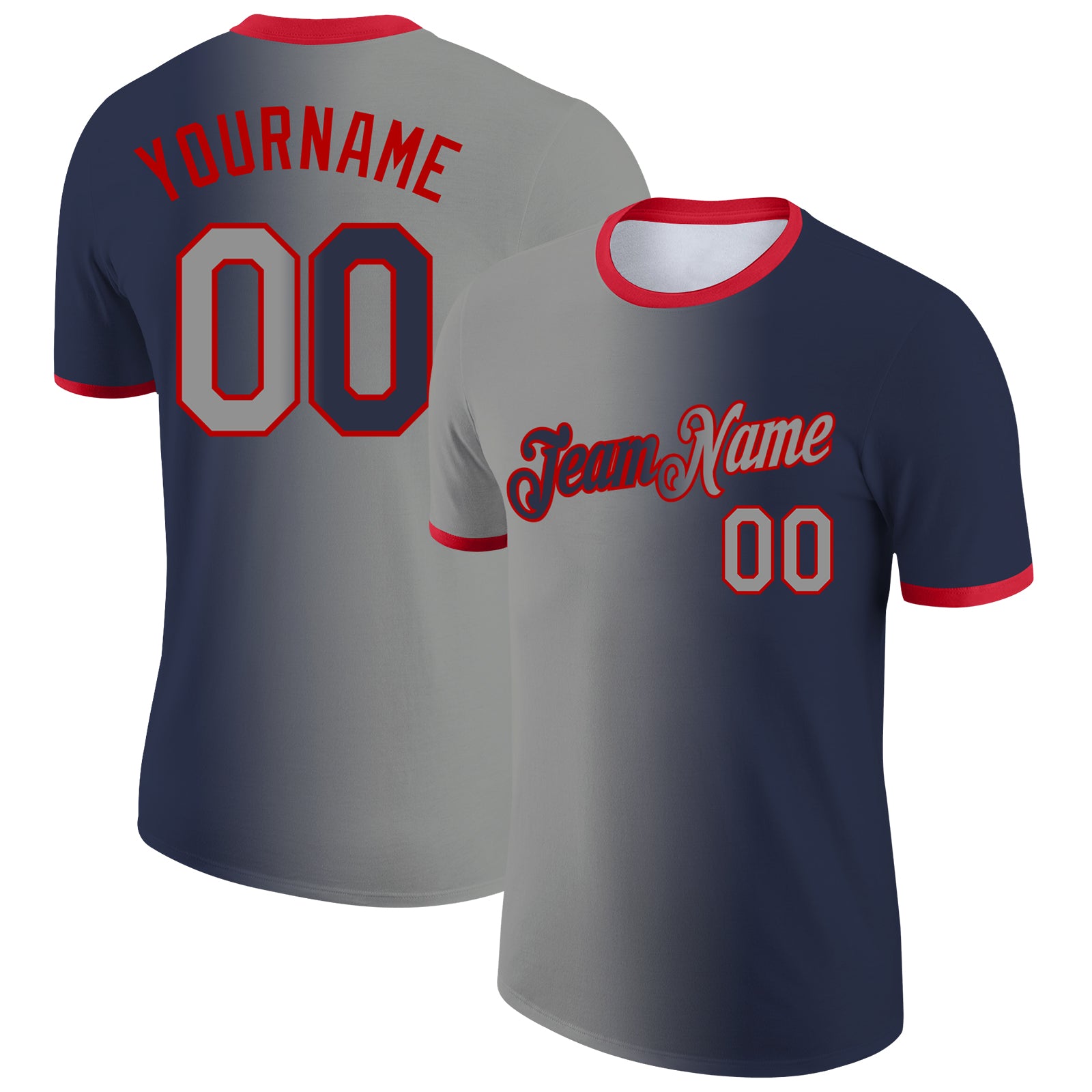 Custom Navy Gray-Red Gradient Fashion Performance T-Shirt
