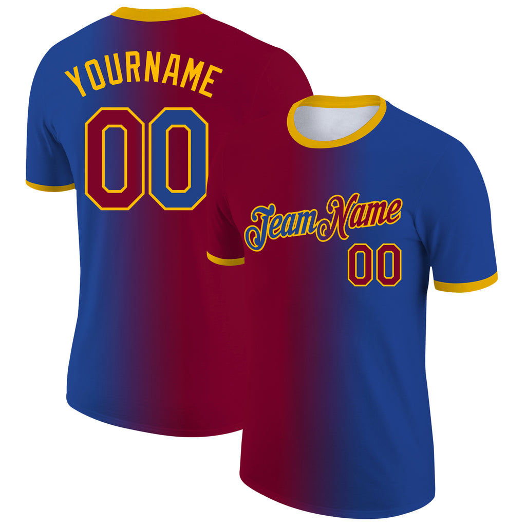 Custom Royal Maroon-Gold Gradient Fashion Performance T-Shirt