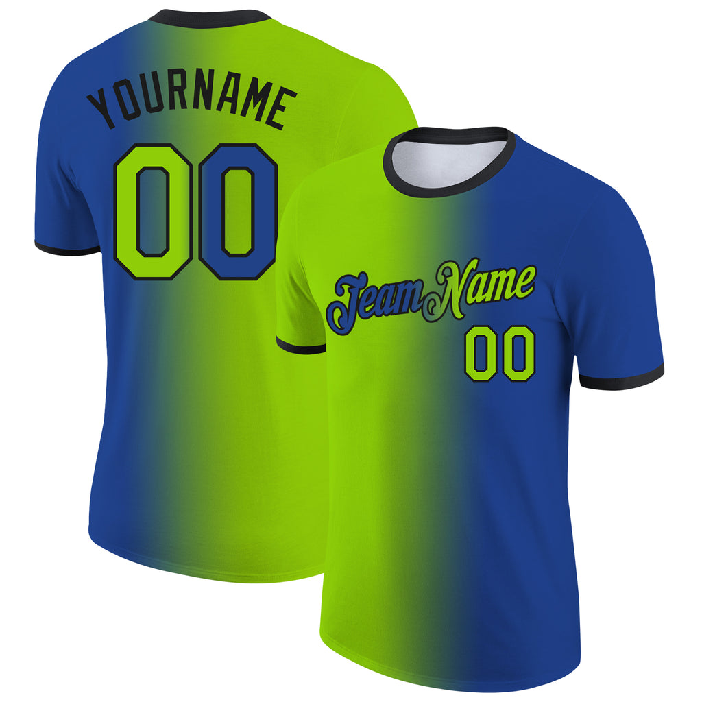 Custom Royal Neon Green-Black Gradient Fashion Performance T-Shirt