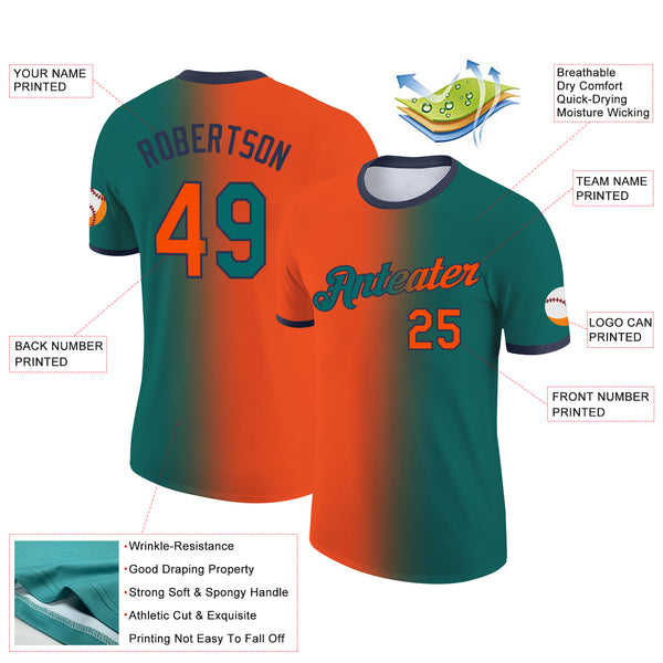 Custom Teal Orange-Navy Gradient Fashion Performance T-Shirt