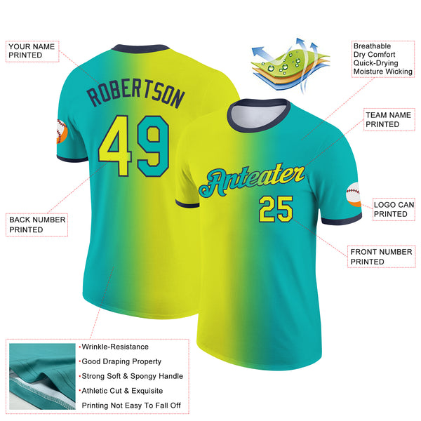 Custom Aqua Neon Yellow-Navy Gradient Fashion Performance T-Shirt
