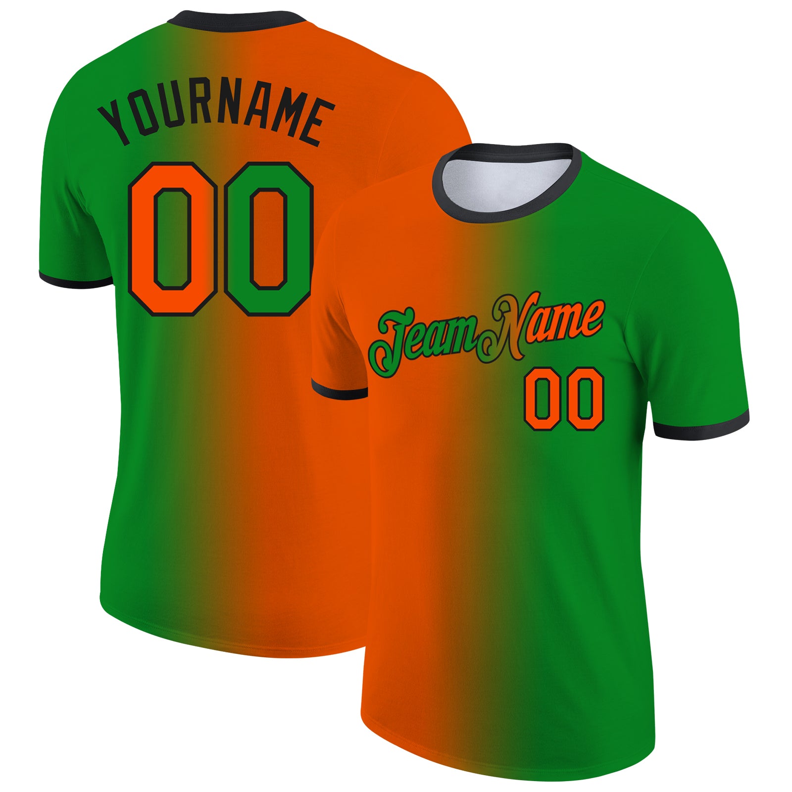 Custom Grass Green Orange-Black Gradient Fashion Performance T-Shirt