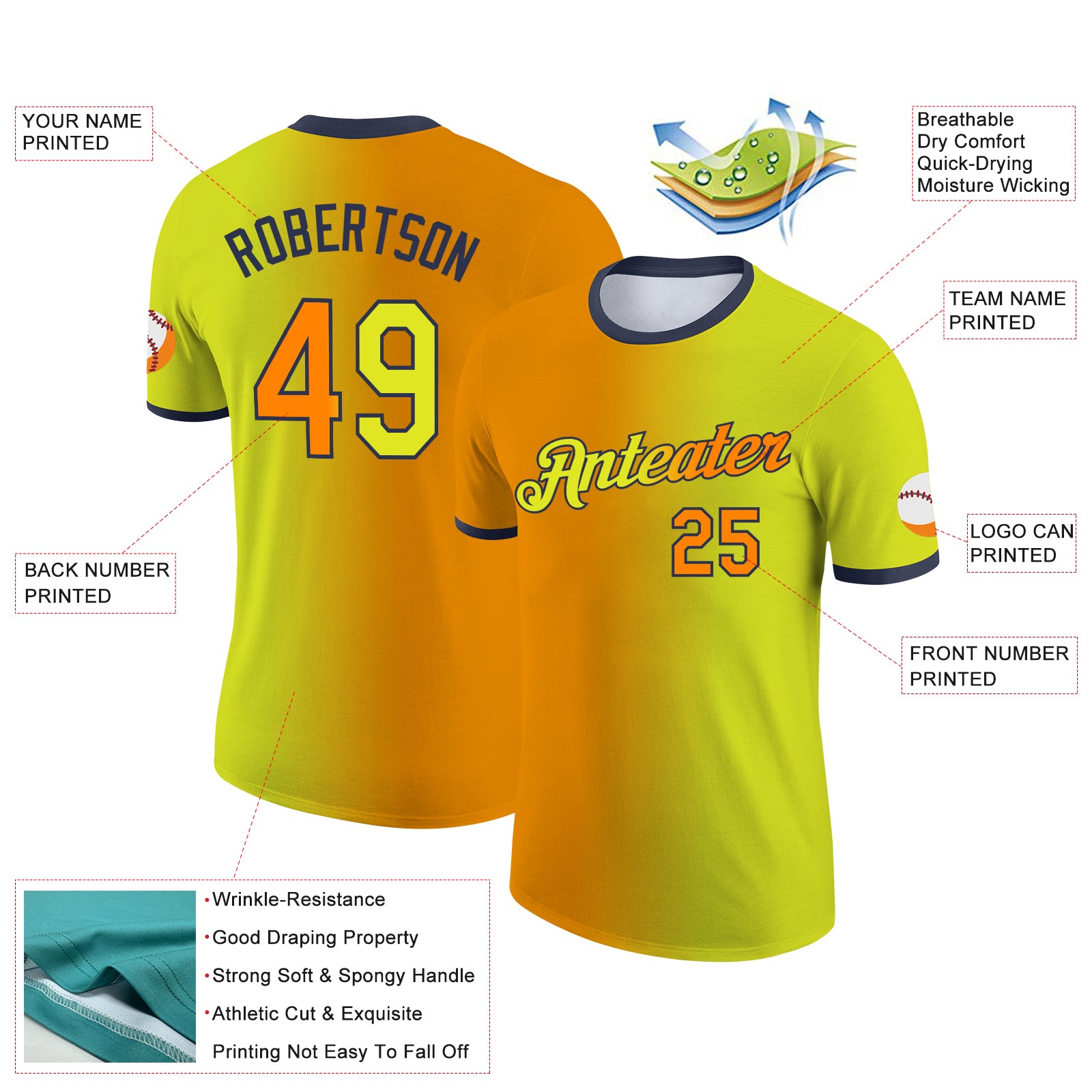 Custom Neon Yellow Bay Orange-Navy Gradient Fashion Performance T-Shirt
