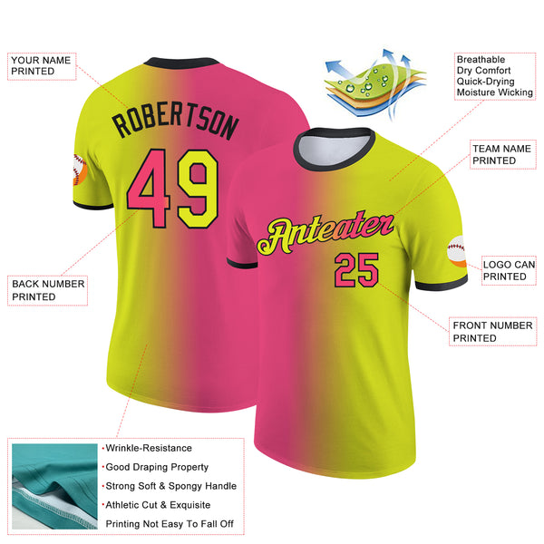 Custom Neon Yellow Neon Pink-Black Gradient Fashion Performance T-Shirt