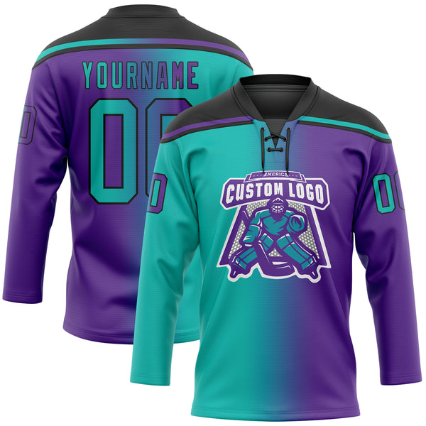 Custom Purple Aqua-Black Gradient Fashion Hockey Lace Neck Jersey