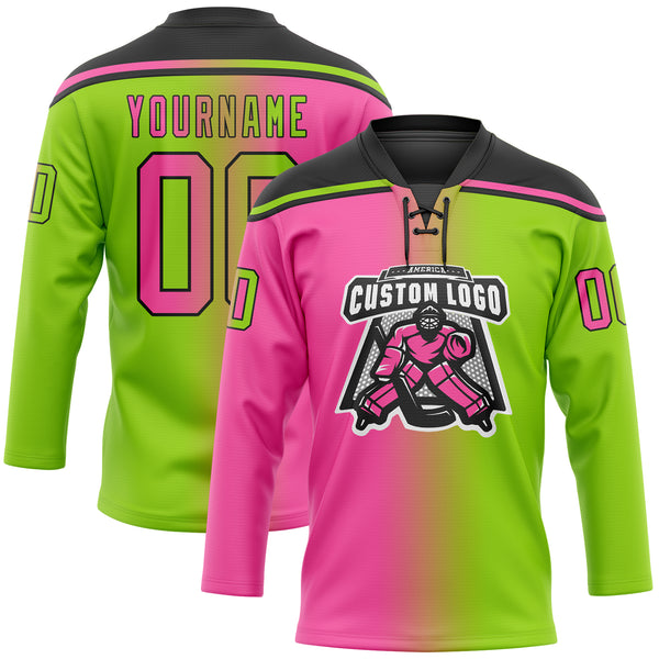 Custom Neon Green Pink-Black Gradient Fashion Hockey Lace Neck Jersey