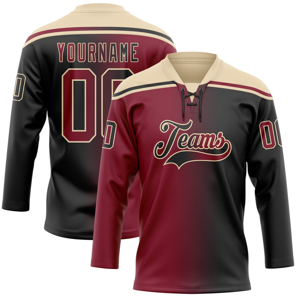 Custom Black Crimson-City Cream Gradient Fashion Hockey Lace Neck Jersey