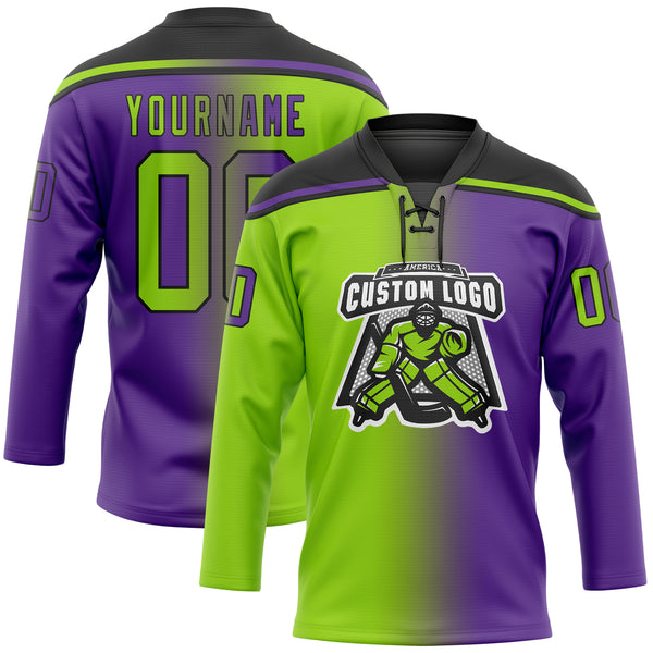 Custom Purple Neon Green-Black Gradient Fashion Hockey Lace Neck Jersey