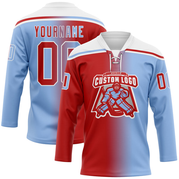 Custom Light Blue Red-White Gradient Fashion Hockey Lace Neck Jersey