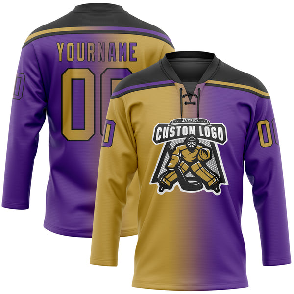 Custom Purple Old Gold-Black Gradient Fashion Hockey Lace Neck Jersey