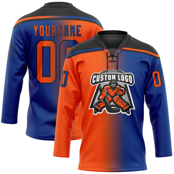 Custom Royal Orange-Black Gradient Fashion Hockey Lace Neck Jersey