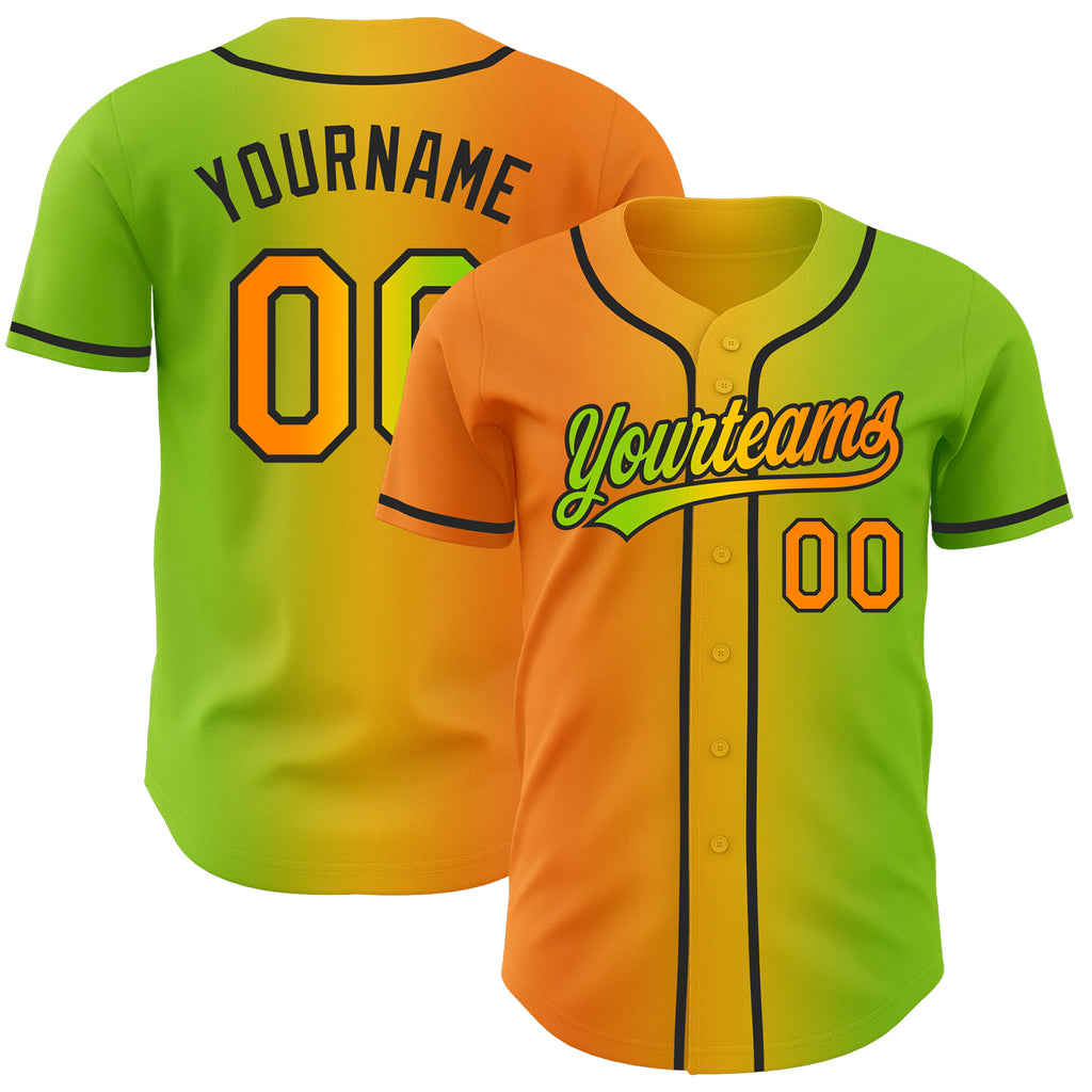 Custom Neon Green Bay Orange Yellow-Black Authentic Gradient Fashion Baseball Jersey