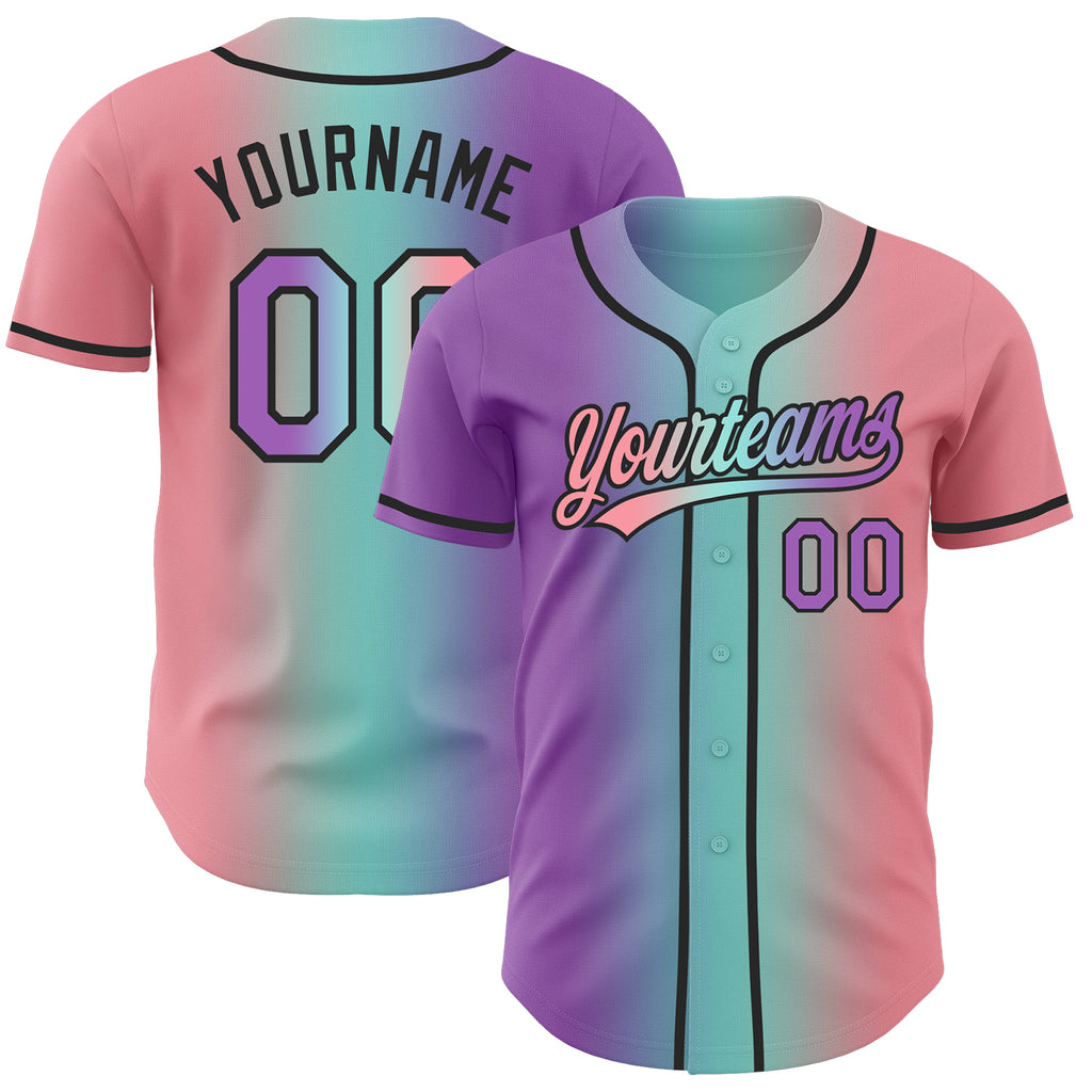Custom Medium Pink Medium Purple Ice Blue-Black Authentic Gradient Fashion Baseball Jersey