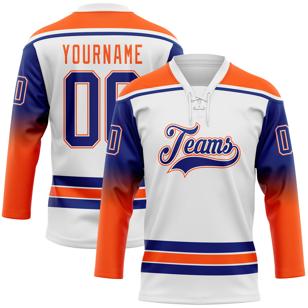Custom White Royal-Orange Gradient Sleeves Lace Neck Hockey Jersey