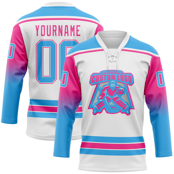 Custom White Sky Blue-Pink Gradient Sleeves Lace Neck Hockey Jersey