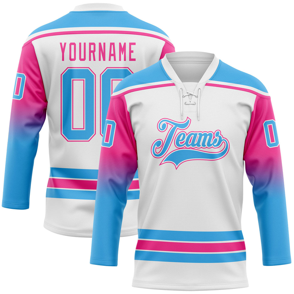 Custom White Sky Blue-Pink Gradient Sleeves Lace Neck Hockey Jersey