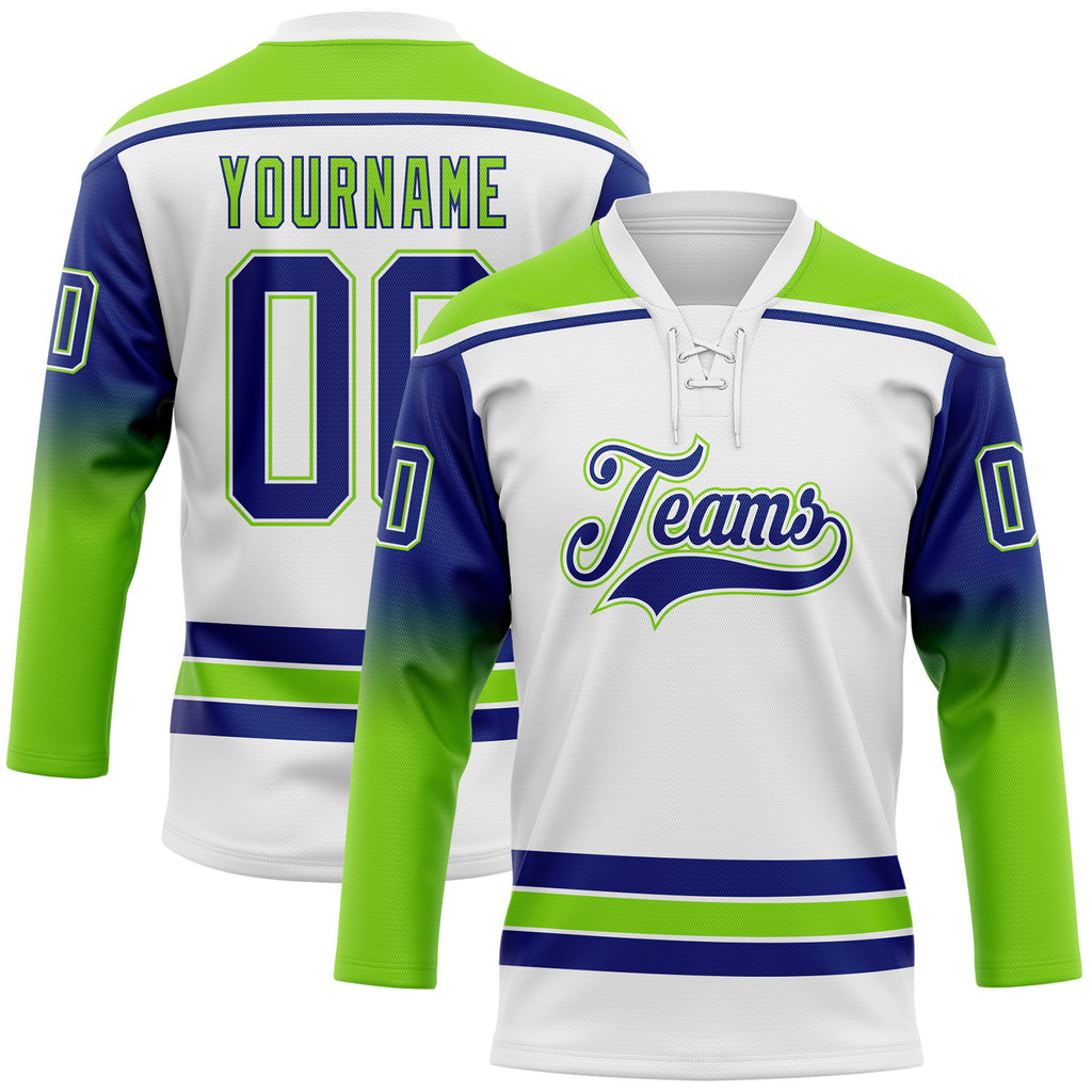 Custom White Royal-Neon Green Gradient Sleeves Lace Neck Hockey Jersey