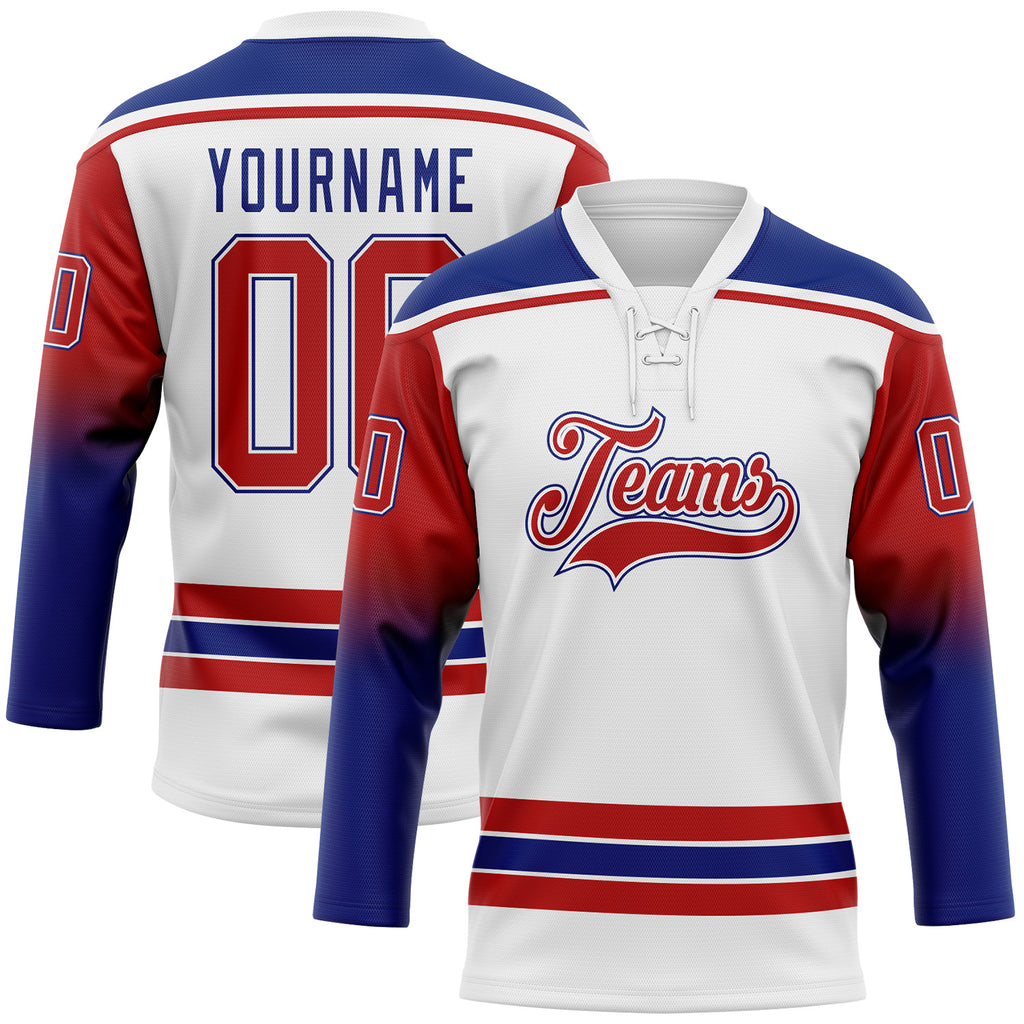 Custom White Red-Royal Gradient Sleeves Lace Neck Hockey Jersey