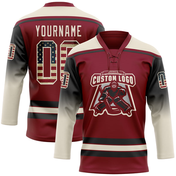 Custom Crimson Vintage USA Flag Black-Cream Gradient Sleeves Lace Neck Hockey Jersey