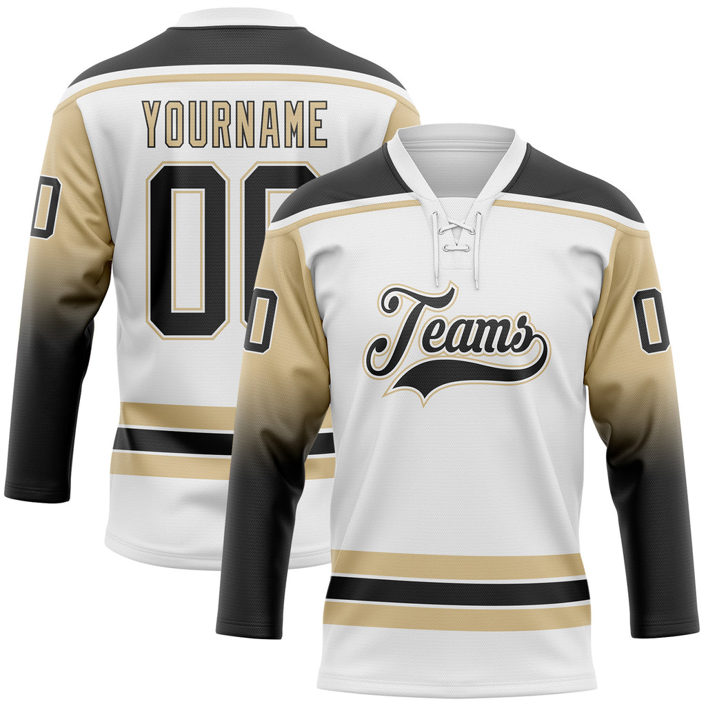 Custom White Black-Vegas Gold Gradient Sleeves Lace Neck Hockey Jersey