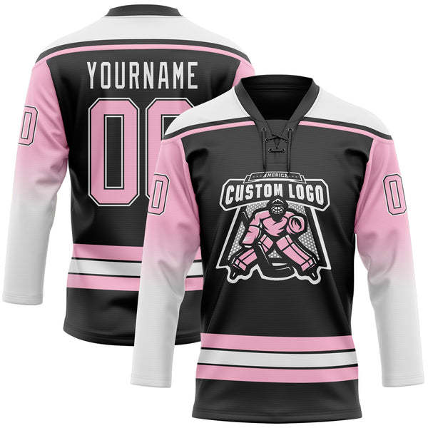 Custom Black Light Pink-White Gradient Sleeves Lace Neck Hockey Jersey