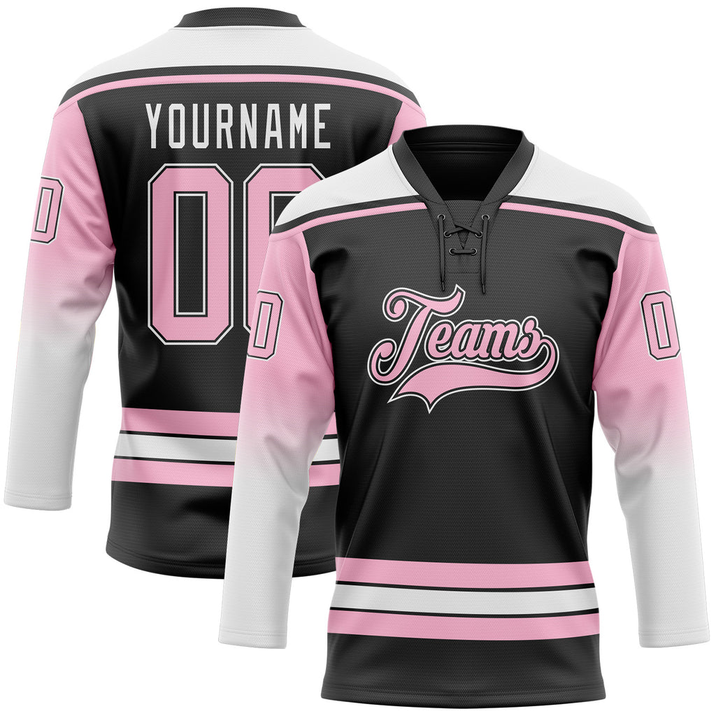 Custom Black Light Pink-White Gradient Sleeves Lace Neck Hockey Jersey
