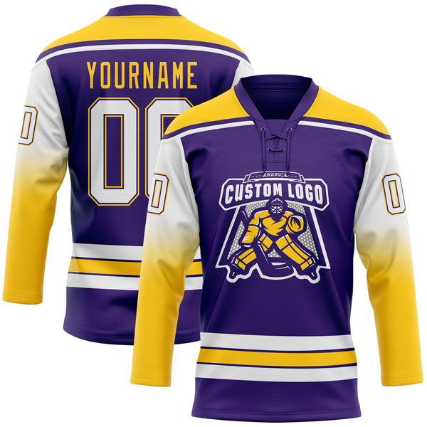 Custom Purple White-Yellow Gradient Sleeves Lace Neck Hockey Jersey