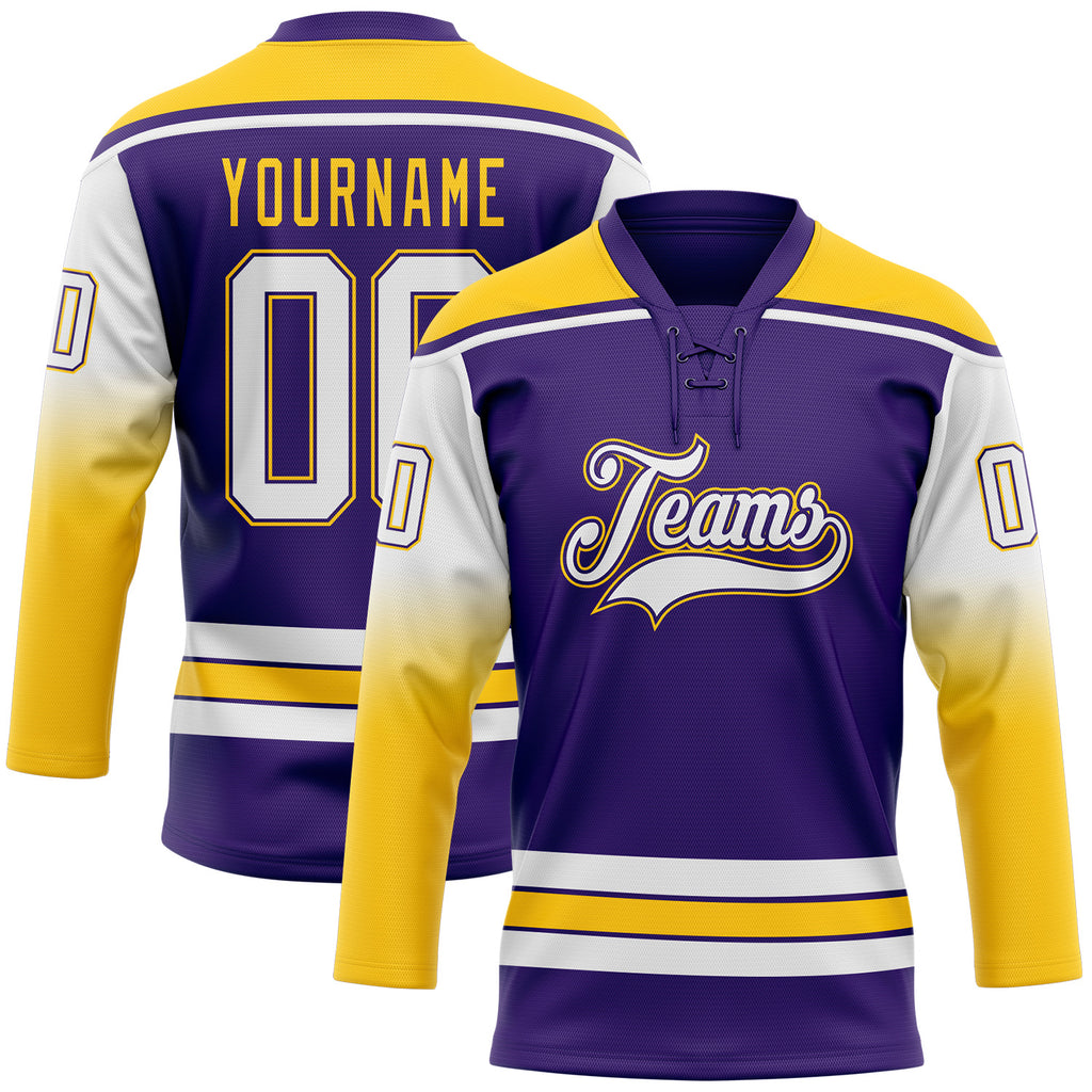 Custom Purple White-Yellow Gradient Sleeves Lace Neck Hockey Jersey
