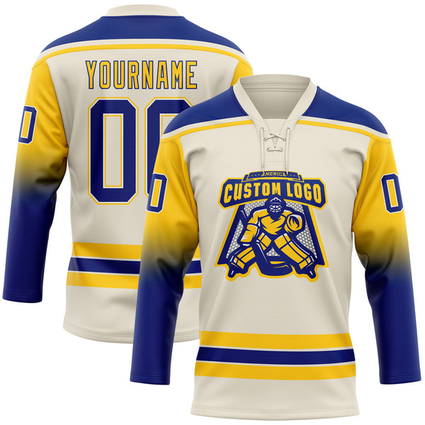 Custom Cream Royal Yellow-White Gradient Sleeves Lace Neck Hockey Jersey