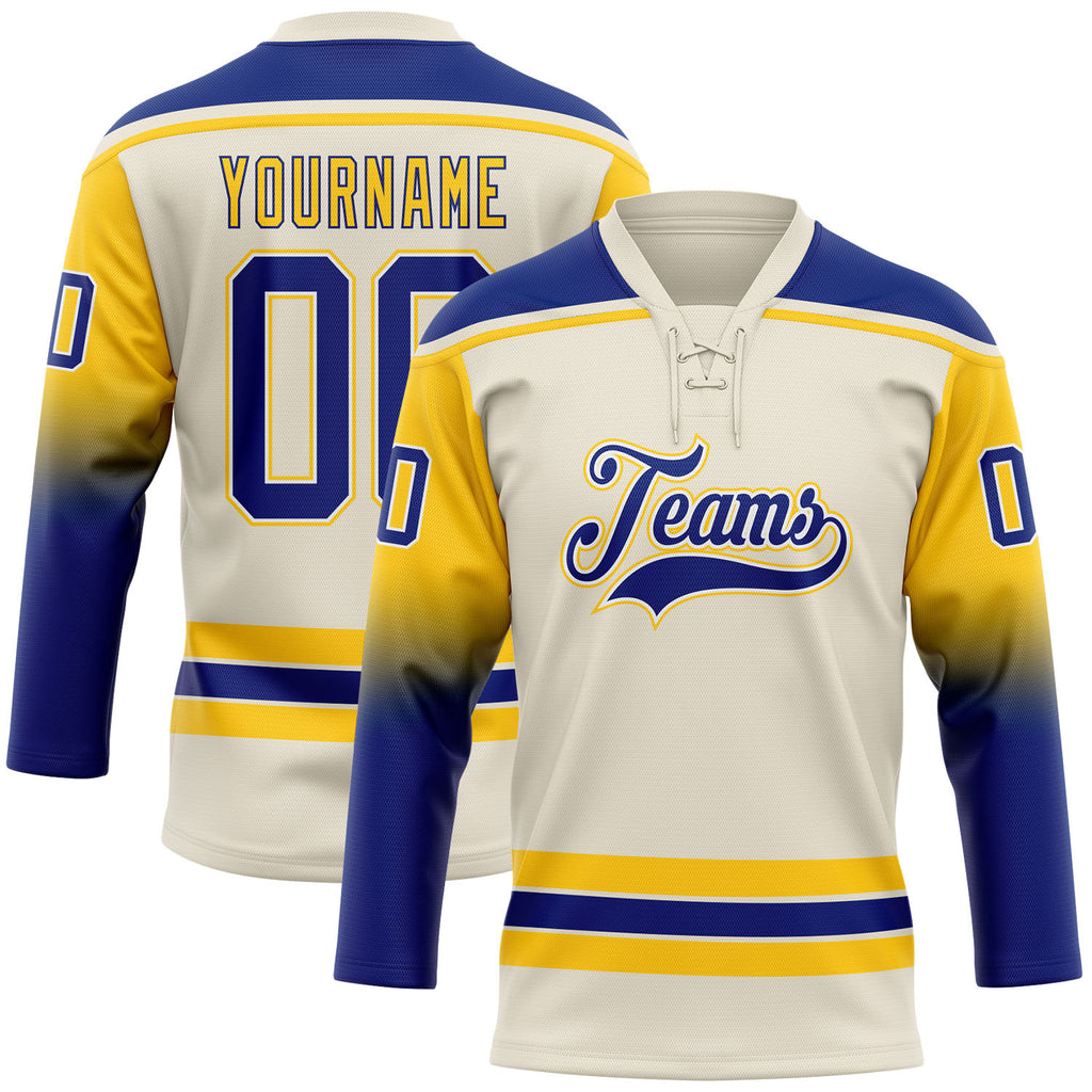 Custom Cream Royal Yellow-White Gradient Sleeves Lace Neck Hockey Jersey