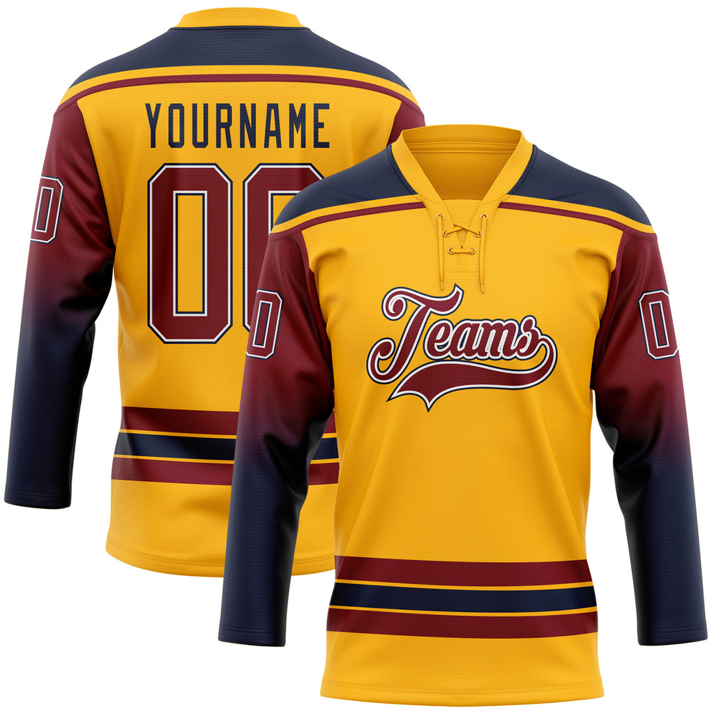 Custom Gold Crimson Navy-White Gradient Sleeves Lace Neck Hockey Jersey